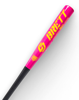 Pink baseball bat with BRETT in yellow lettering and a black handle.